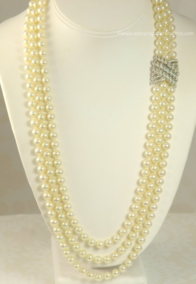 Exquisite Triple Strand Imitation Pearl Necklace with Rhinestone Clasp Signed CINER