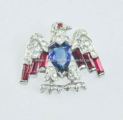 Vintage Signed CROWN TRIFARI Patriotic Small Sterling and Rhinestone Eagle Pin