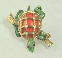 Endearing Enamel Turtle Pin with Rhinestone Accents Signed HAR