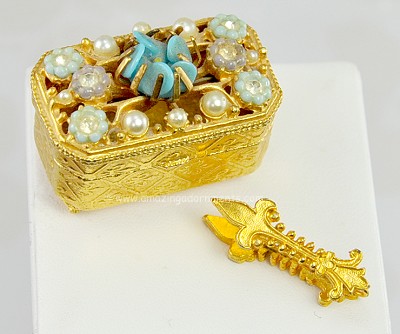 Gorgeous Fleur de Lis Pill or Trinket Box with Stones and Tongs Signed FLORENZA