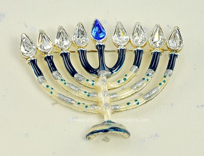 Beautiful Enamel Hanukah Menorah Pin with Twinkling Rhinestones Signed AS