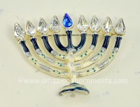 Beautiful Enamel Hanukah Menorah Pin with Twinkling Rhinestones Signed AS