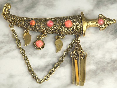 Elaborate Vintage Arabian Saber Pin with Dangles Signed HOLLYCRAFT