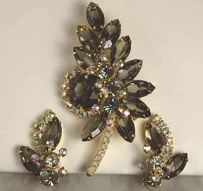 Vintage Smoky Black and Pastel Aurora Borealis Rhinestone Demi Parure from DELIZZA and ELSTER