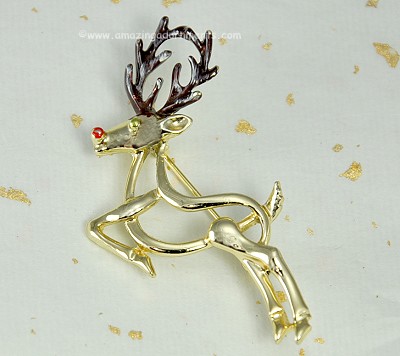 Cute Leaping Reindeer Christmas Pin Signed B.J. [Beatrix]