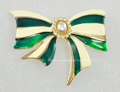 Beautiful Green and Cream Enamel Bow Brooch with Rhinestones and Faux Pearl
