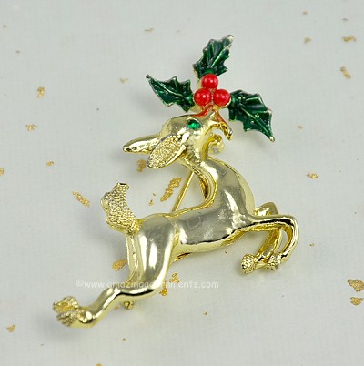 Festive Leaping Reindeer with Holly Christmas Pin