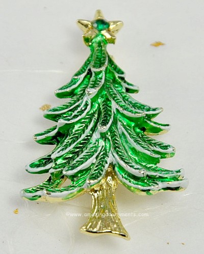 Gorgeous Enamel Christmas Tree Pin with Rhinestone Star Topper and Snow Signed Gerry's