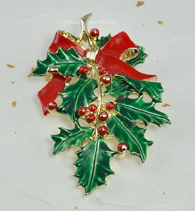 Vintage Enamel Holly and Berries Christmas Swag Pin