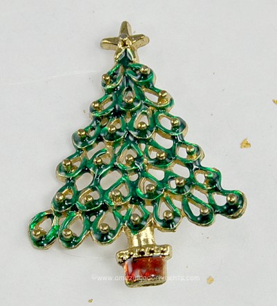 Green Enamel Christmas Tree Pin with Red Stand