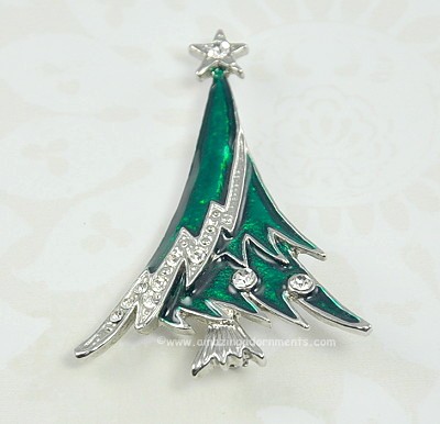 Green Enamel and Clear Rhinestone Christmas Tree Pin