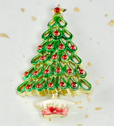 Festive Tiered Christmas Tree Pin with Red Enamel Bulbs
