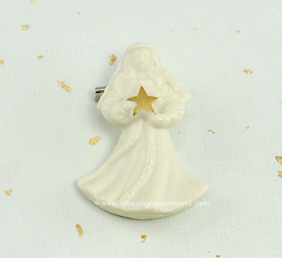 Ivory Bisque Porcelain Angel Christmas Pin Signed LENOX