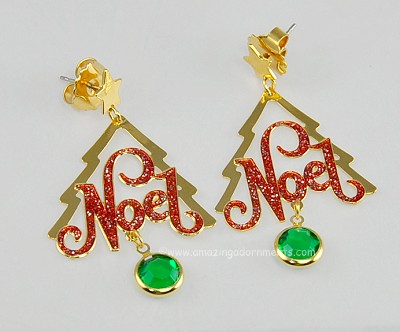 Exuberant Noel Christmas Tree Earrings with Bezel Set Dangle
