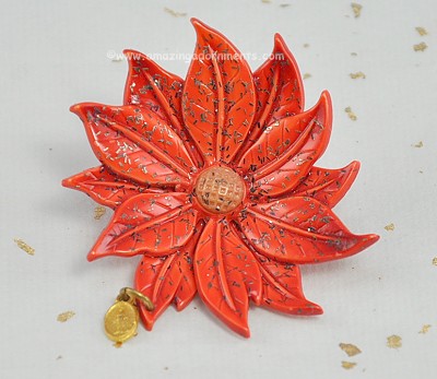 Christmas Red Poinsettia Pin With Sparkles and a Charm