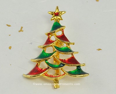Adorable Tiered Red and Green Enamel Christmas Tree Pin