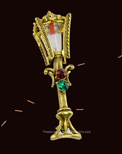 Elaborate Vintage Lamppost Christmas Pin with Rhinestone and Enamel Signed HOLLYCRAFT