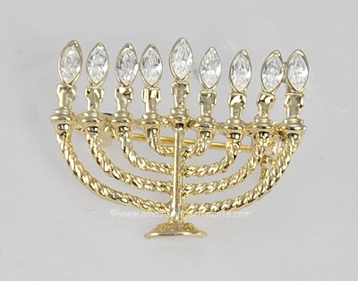 Petite Textured Gold- tone Hanukah Menorah Pin with Crystal Flames