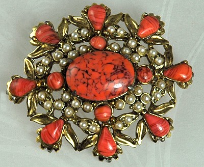 Faux Coral and Pearl Brooch Signed HOLLYCRAFT