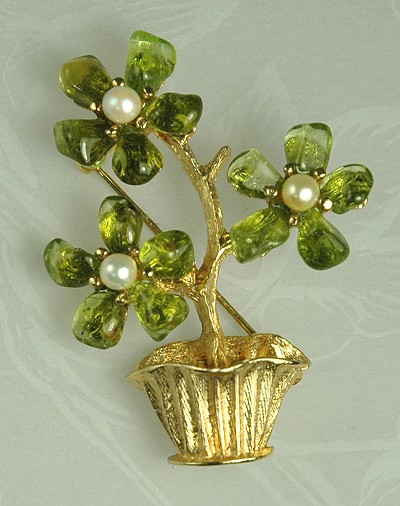 Genuine Peridot and Pearl Potted Plant Pin Signed SWOBODA