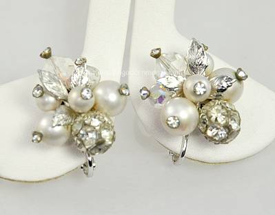 Plush Vintage Signed VENDOME Faux Pearl and Crystal Earrings