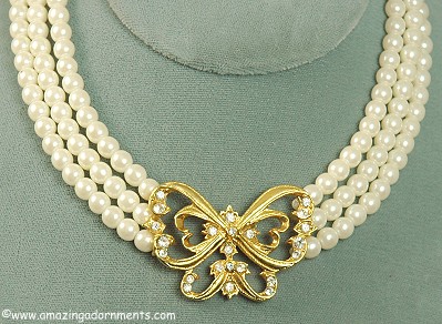 Ladylike NR for AVON Triple Strand Faux Pearl and Rhinestone Necklace