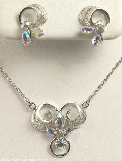 Feminine Vintage Sterling Filigree and Rhinestone Necklace and Earring Set