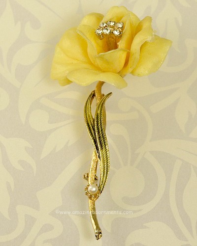 Vintage Yellow Celluloid Rose with Rhinestone Stamens Long Stem Flower Pin