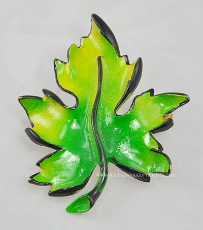 Striking Enamel on Gold- tone Metal Maple Leaf Brooch Signed HEDY