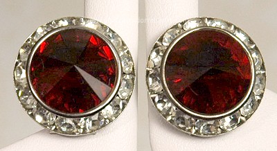 Enchanting Ruby Red Rivoli and Clear Rhinestone Earrings