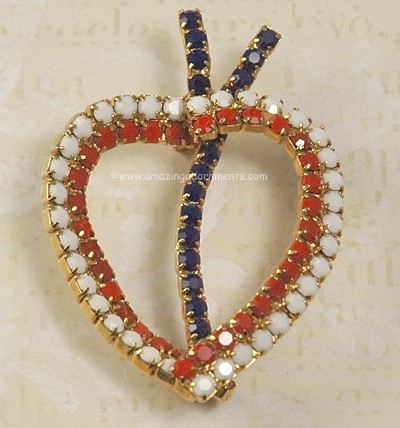 Vintage Patriotic Red, White and Blue Glass Heart Brooch