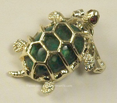 Vintage Miniature Turtle Figural Pin with Caged Cabochon Shell
