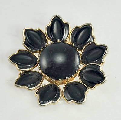 Vintage Unsigned Black Glass Flower Brooch/pendant Combo