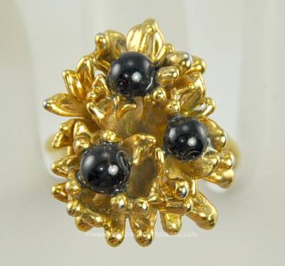 Vintage Organic Finger Ring with Black Stones