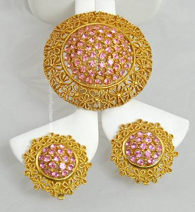 Vintage Domed Pink Rhinestone and Filigree Brooch and Earring Set