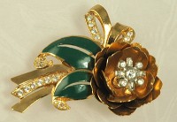 Unsigned CORO Quivering Camellia Enamel and Rhinestone Floral Pin