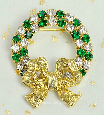 Exalted Signed EISENBERG ICE Emerald and Clear Rhinestone Christmas Wreath Pin