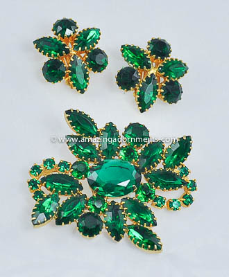 Captivating Vintage Emerald Green Glass and Rhinestone Demi- parure