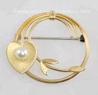Delicate and Delightful 14kt Gold Overlay Heart with Pearl Circle Pin Signed KREMENTZ