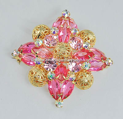 Dramatic Vintage Pink Rhinestone and Filigree Ball Brooch from DELIZZA and ELSTER