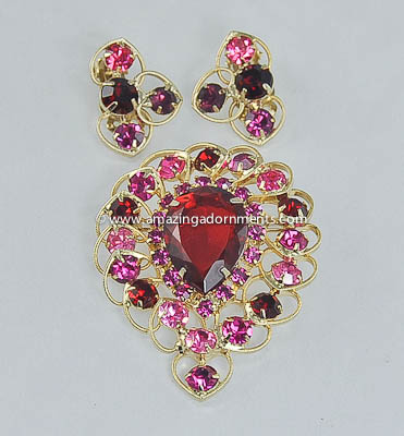 Outstanding Vintage Pink and Red Rhinestone Brooch and Earring Set