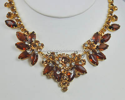 Mesmerizing Vintage DELIZZA & ELSTER Amber Glass and Clear Rhinestone Necklace