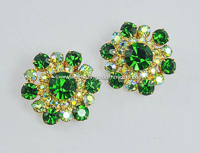Dazzling Vintage Emerald Green and Pastel Rhinestone Earrings