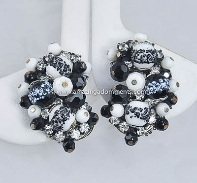 Fabulous Black and White Glass Earrings with Rhinestones Signed ALICE CAVINESS