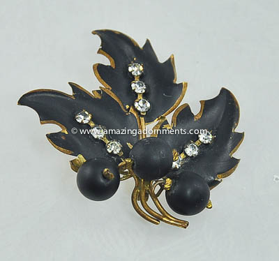 Vintage Signed AUSTRIA Black Enamel and Rhinestone Brooch