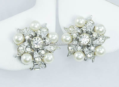 Classic Vintage Faux Pearl and Rhinestone Earrings Signed BOGOFF