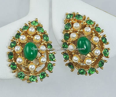 Vintage Signed WEISS Green Rhinestone and Faux Pearl Earrings