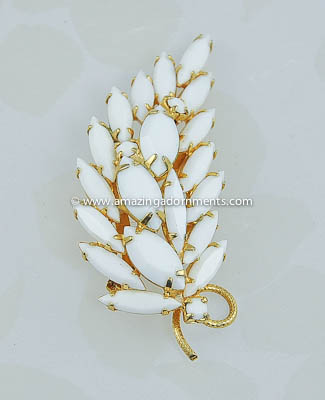 Vintage Unsigned White Glass Layered Leaf Brooch