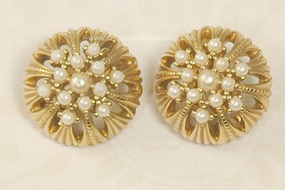 Marvelous Vintage Domed Earrings with Faux Pearls Signed CINER