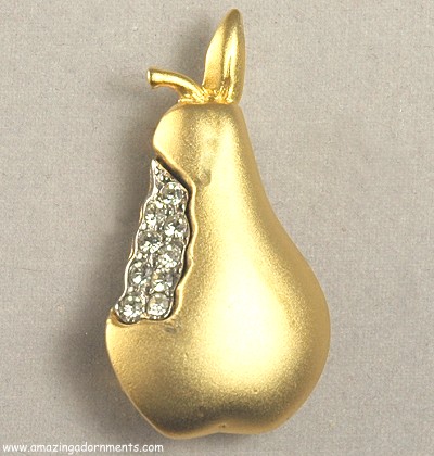 Vintage Signed L. RAZZA Golden Pear Figural Pin with Rhinestones